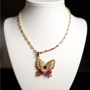 Titanium Gold Butterfly Necklace with Pink Highlights